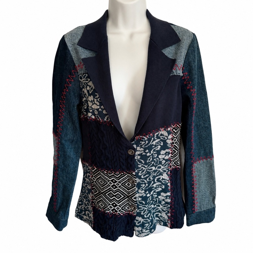 Desigual Patchwork Denim Knit Blazer Jacket Blue Y2K Mixed Media Women Size M